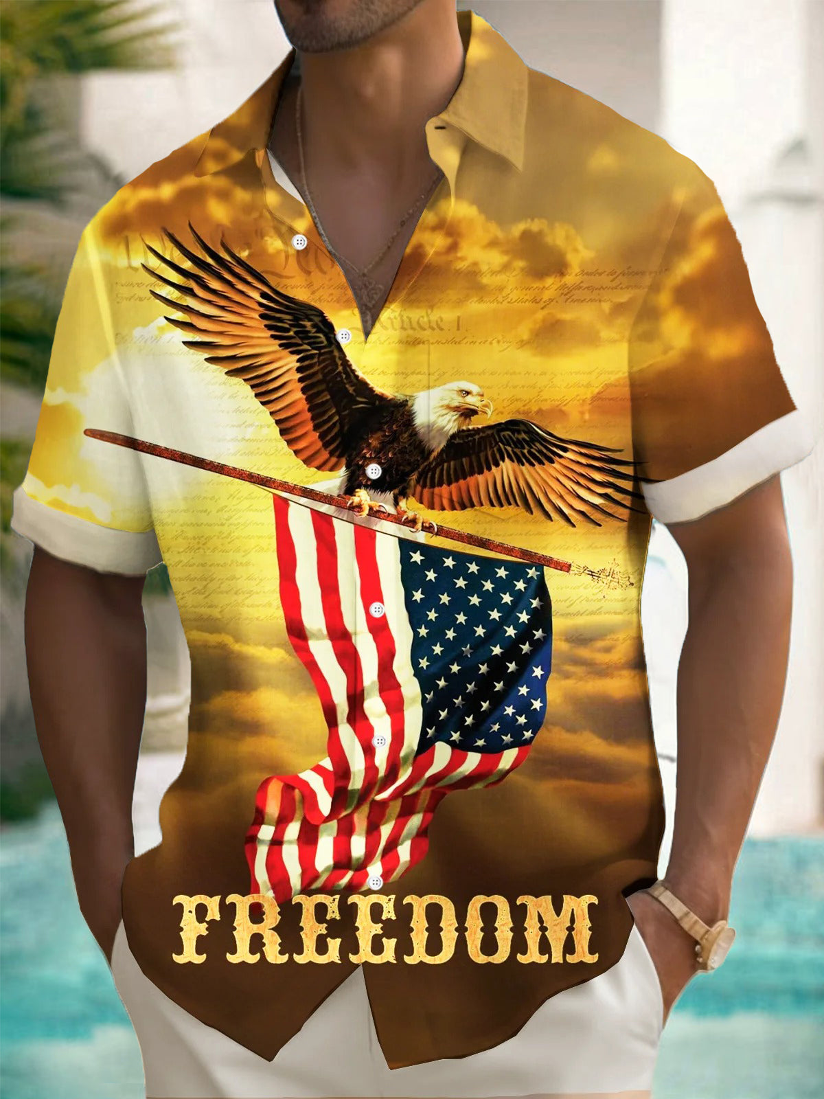 American Flag Eagle Print Men's Pocket Short Sleeve Shirts