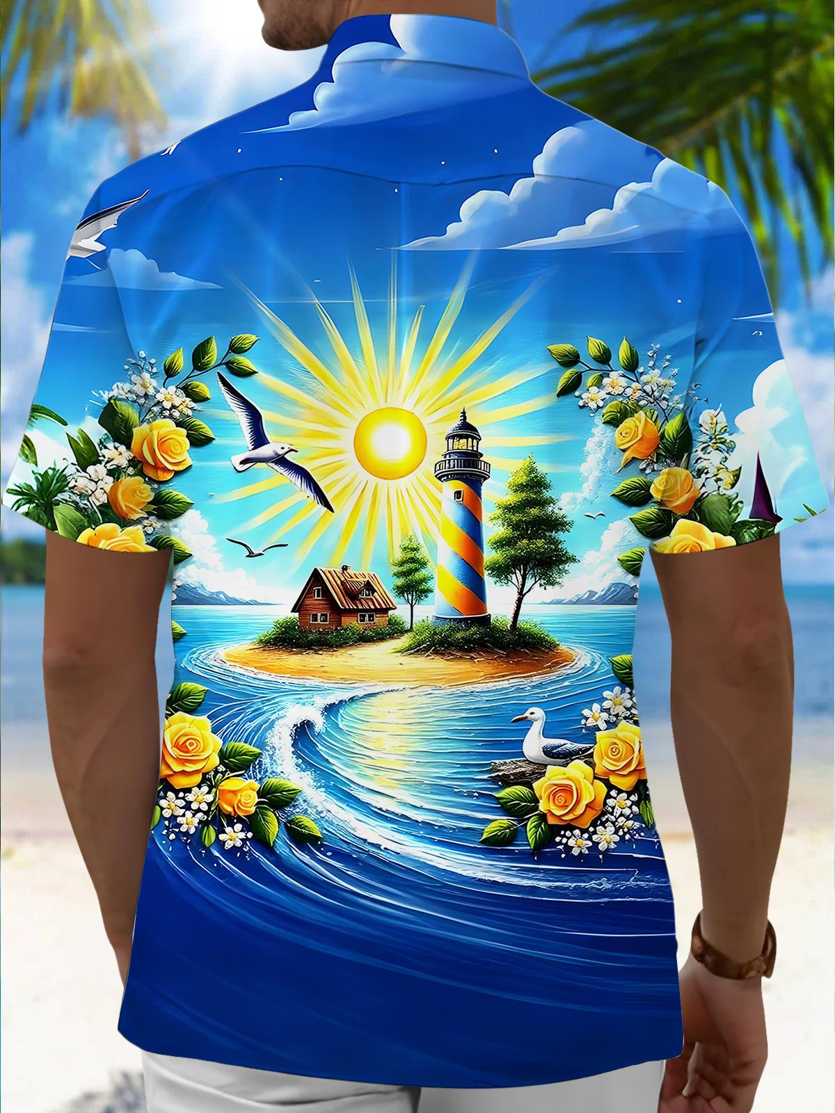 Hawaiian Lighthouse Floral Men's Pocket Short Sleeve Shirts
