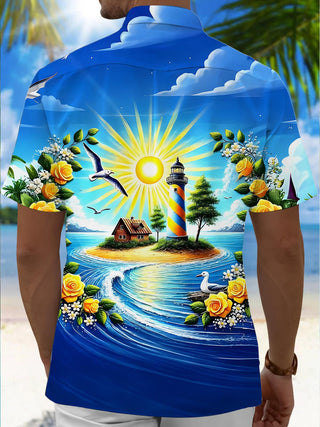 Men's Hawaiian lighthouse floral pocket short sleeve shirt back view