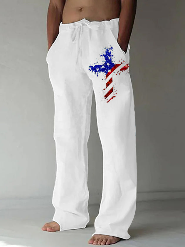 Men's American flag print casual pants front view for Independence Day