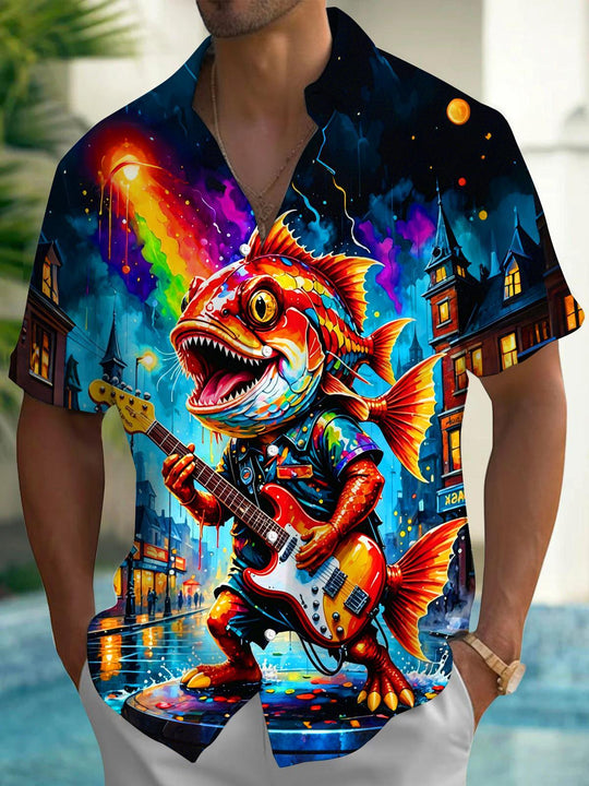 Fun City Rainy Night Guitar Playing Cartoon Rock Fish Men's Pocket Short Sleeve Shirts