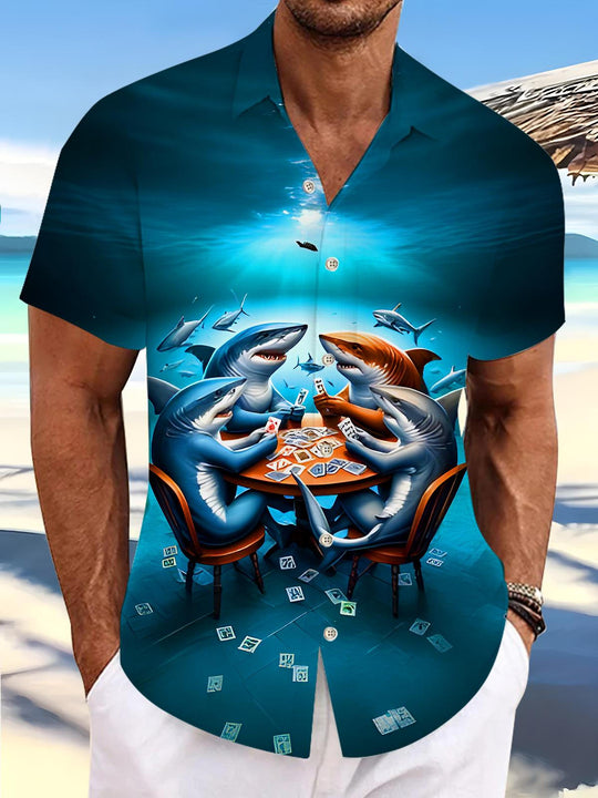 Men's Sharks Playing Poker Short Sleeve Shirt Front View