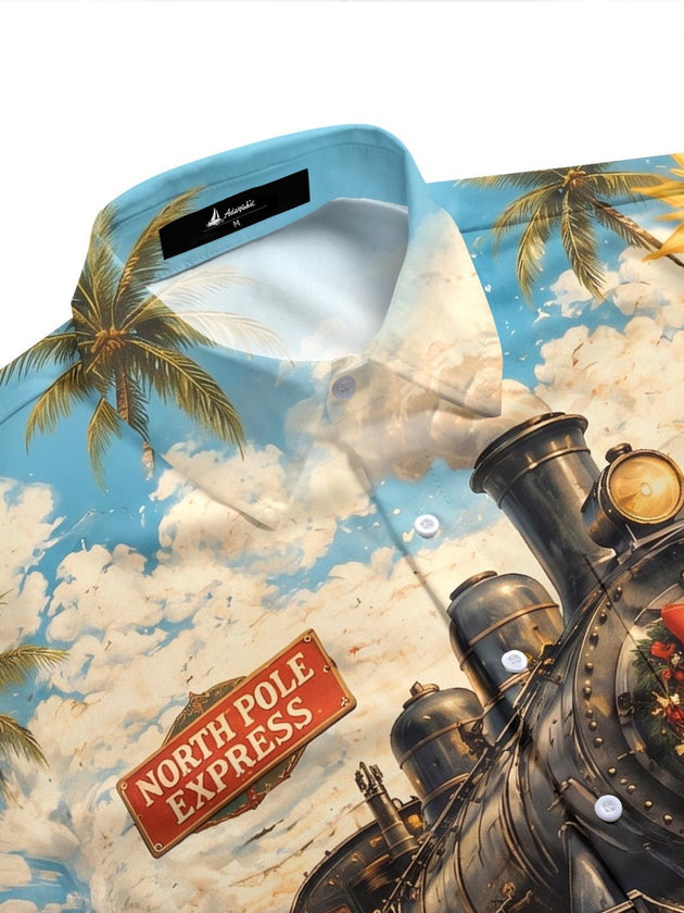 Retro Summer Christmas Santa Claus Train Men's Pocket Short Sleeve Shirts