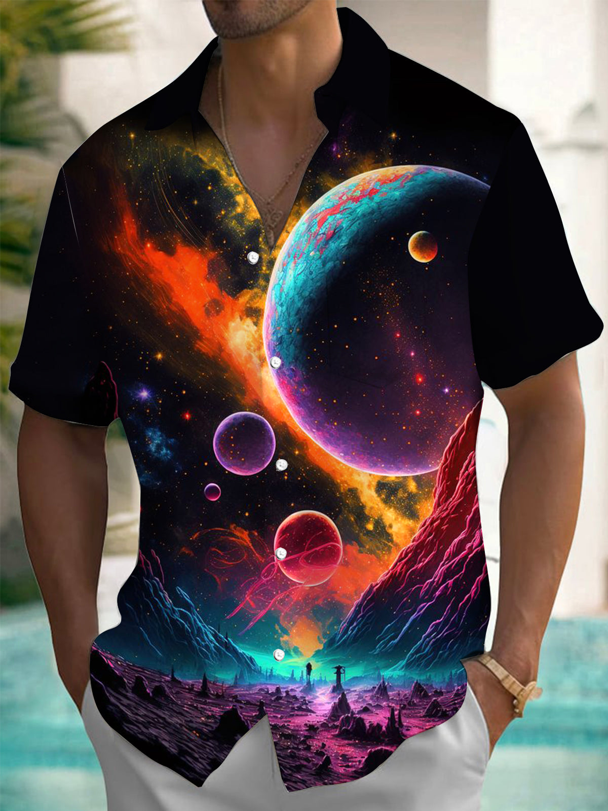 Cosmic Planet Print Men's Pocket Short Sleeve Shirts