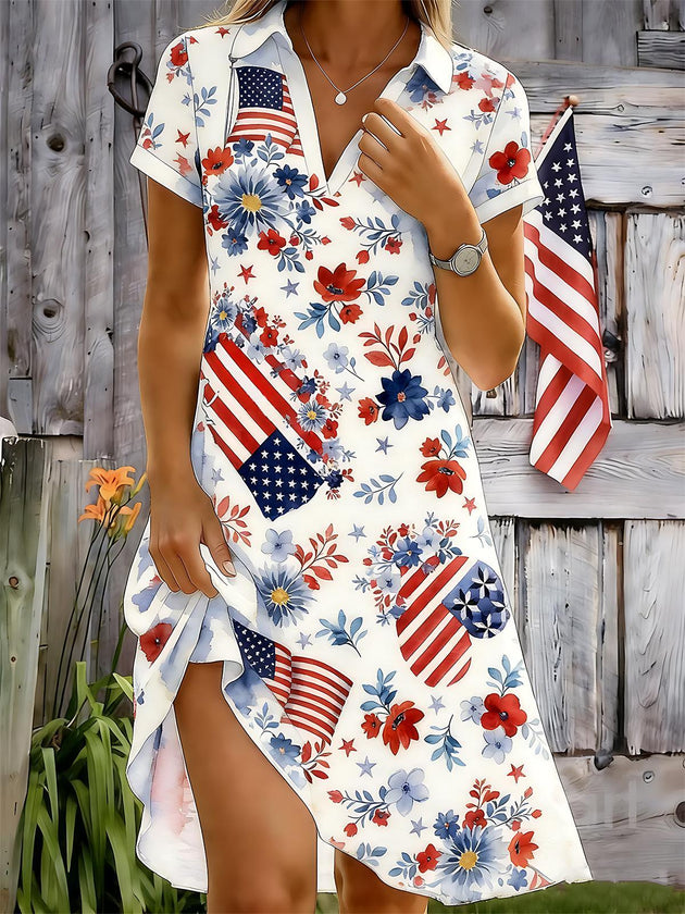 Independence American Flag Floral Women's Short Sleeve Shirt Collar Dress