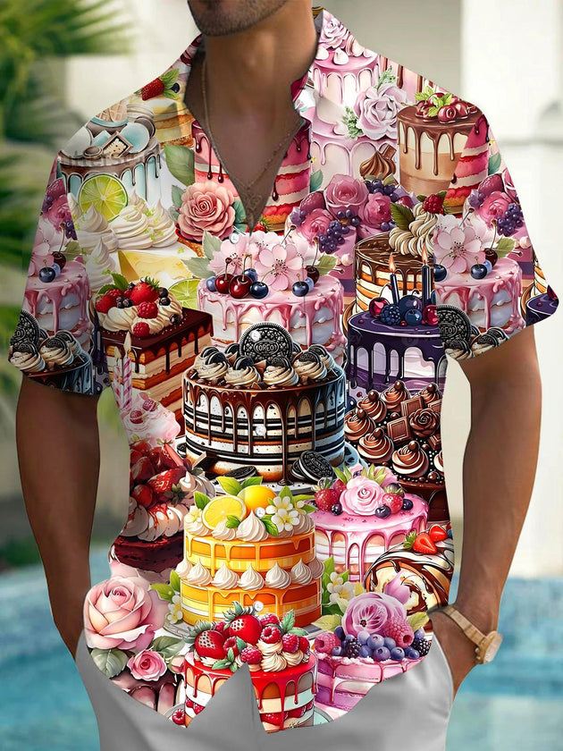 Men's cake print pocket short sleeve shirt front view