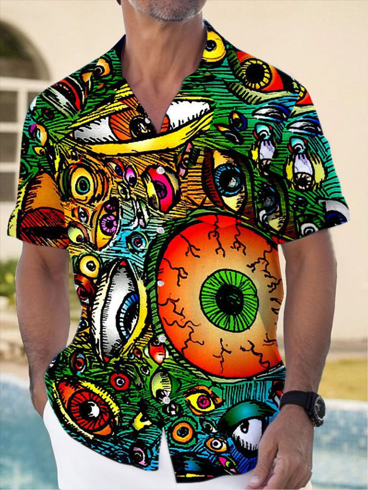 Abstract Eye Print Short Sleeve Men's Shirts With Pocket