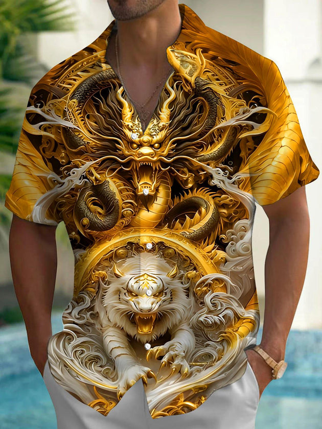 Men short sleeve dragon print pocket shirt front view