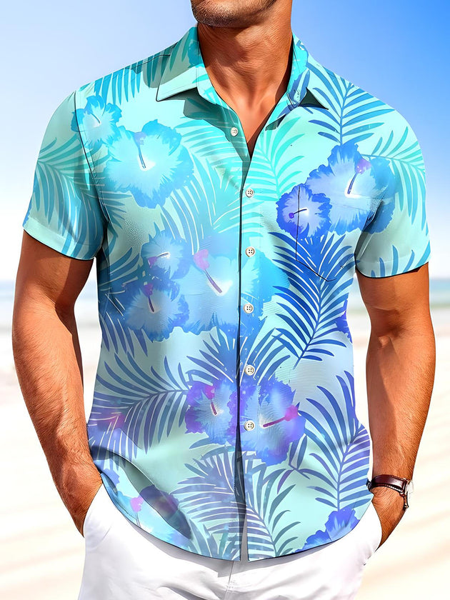 Men's blue floral Hawaiian short sleeve shirt front view tropical beach vacation