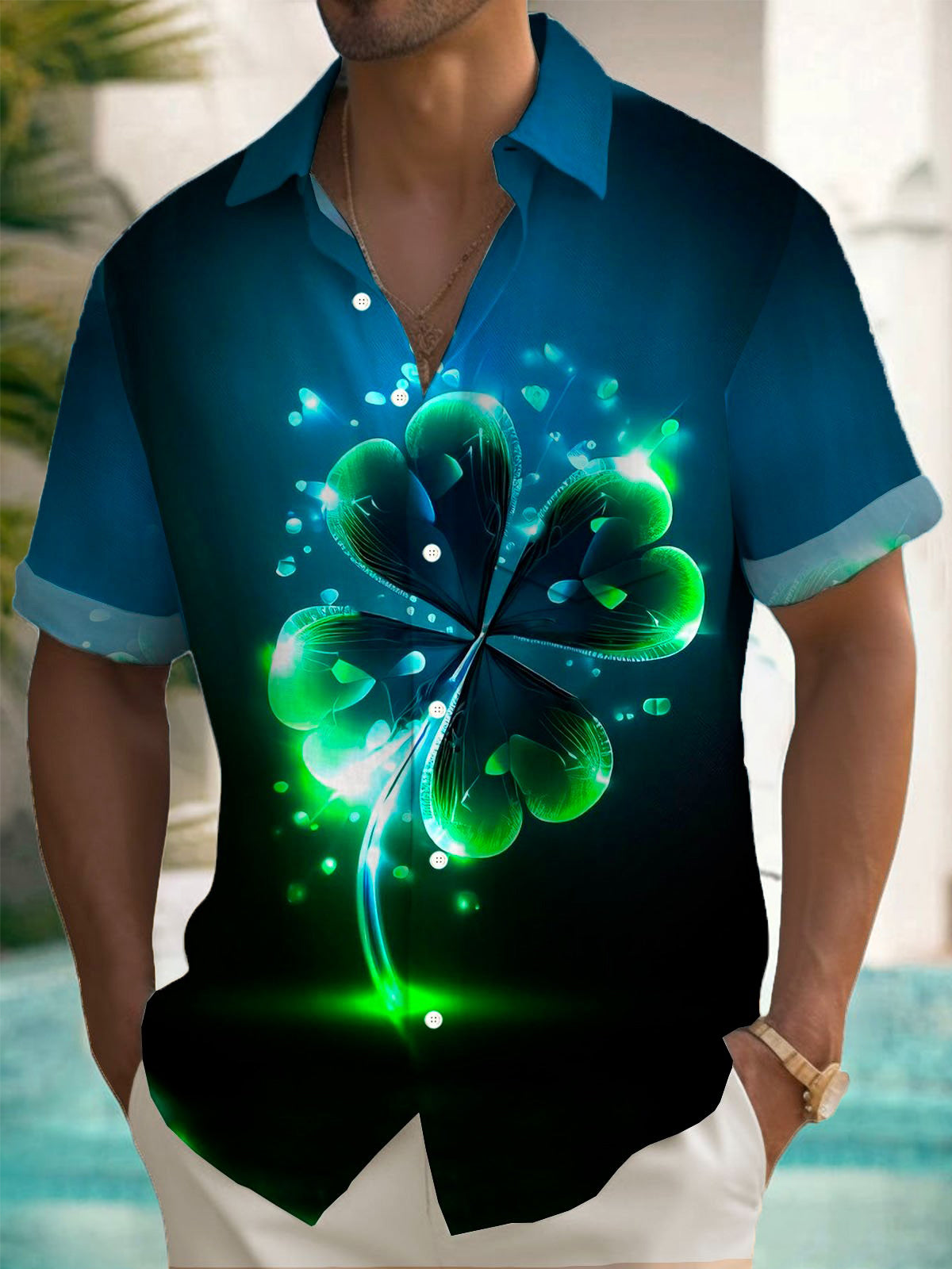 Four Leaf Clover Print Men's Pocket Short Sleeve Shirts