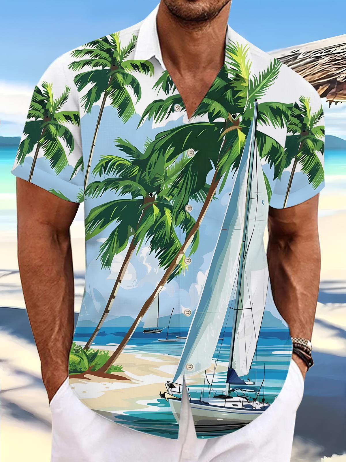 Hawaiian Coconut Tree Sailboat Print Men's Pocket Short Sleeve Shirts