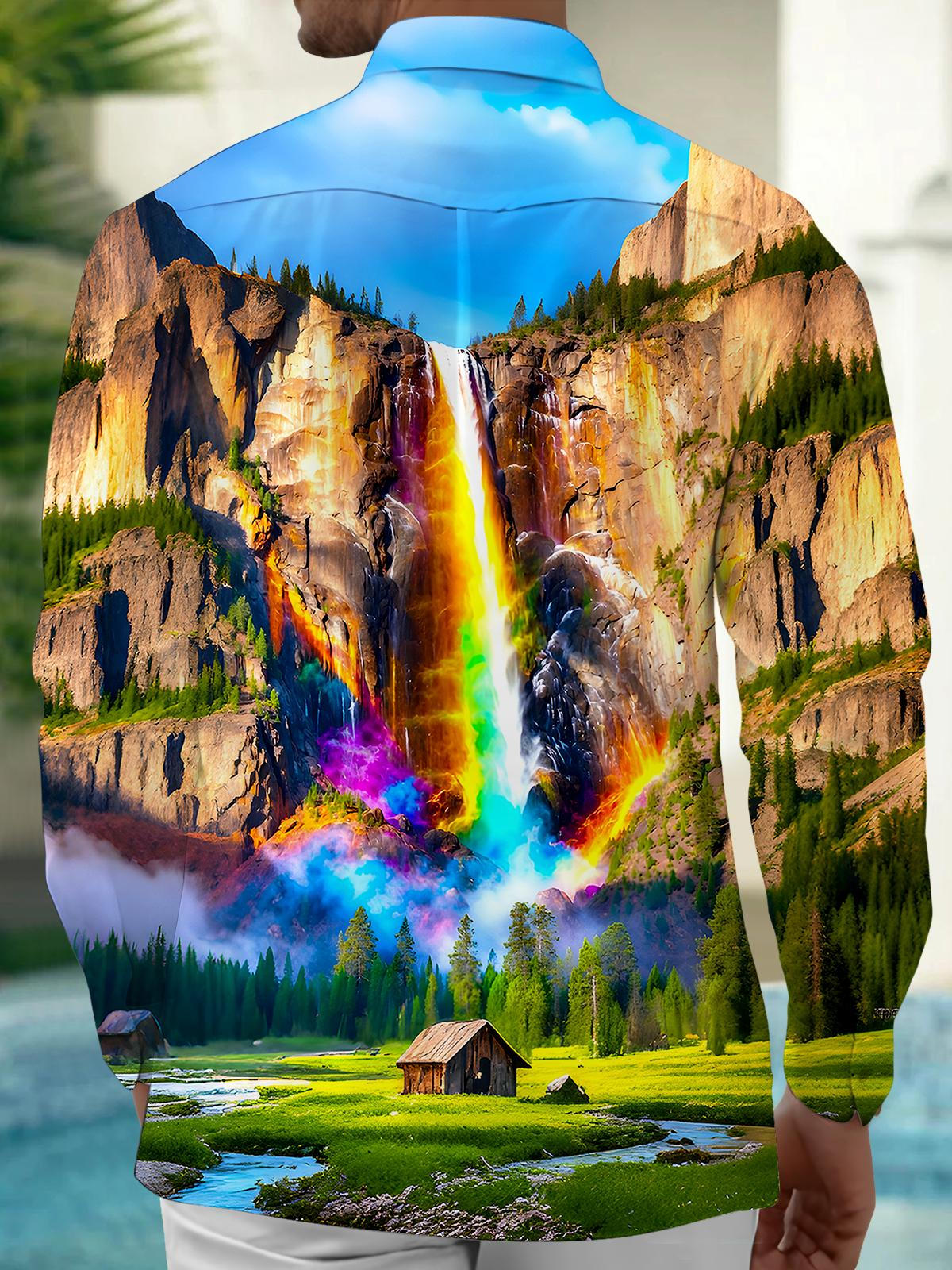 Mountain Waterfall Rainbow Men's Pocket Long Sleeve Shirts