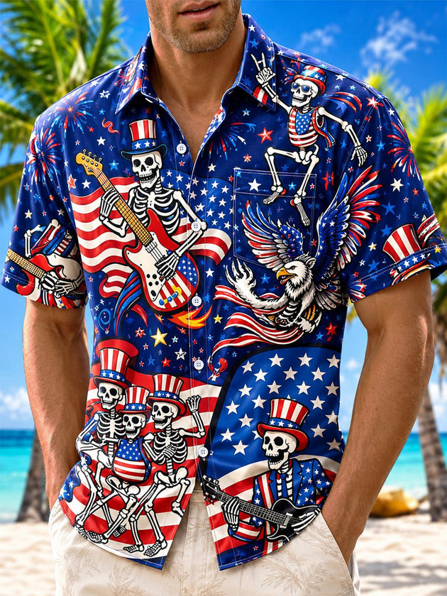 USA Flag Skeleton Guitar Eagle Independence Day Men's Pocket Short Sleeve Shirts