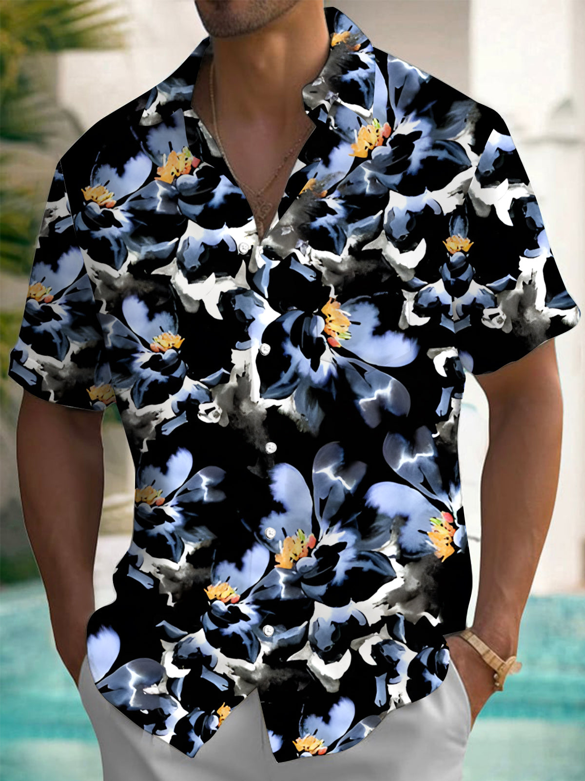 Ink Floral Print Men's Pocket Short Sleeve Shirts