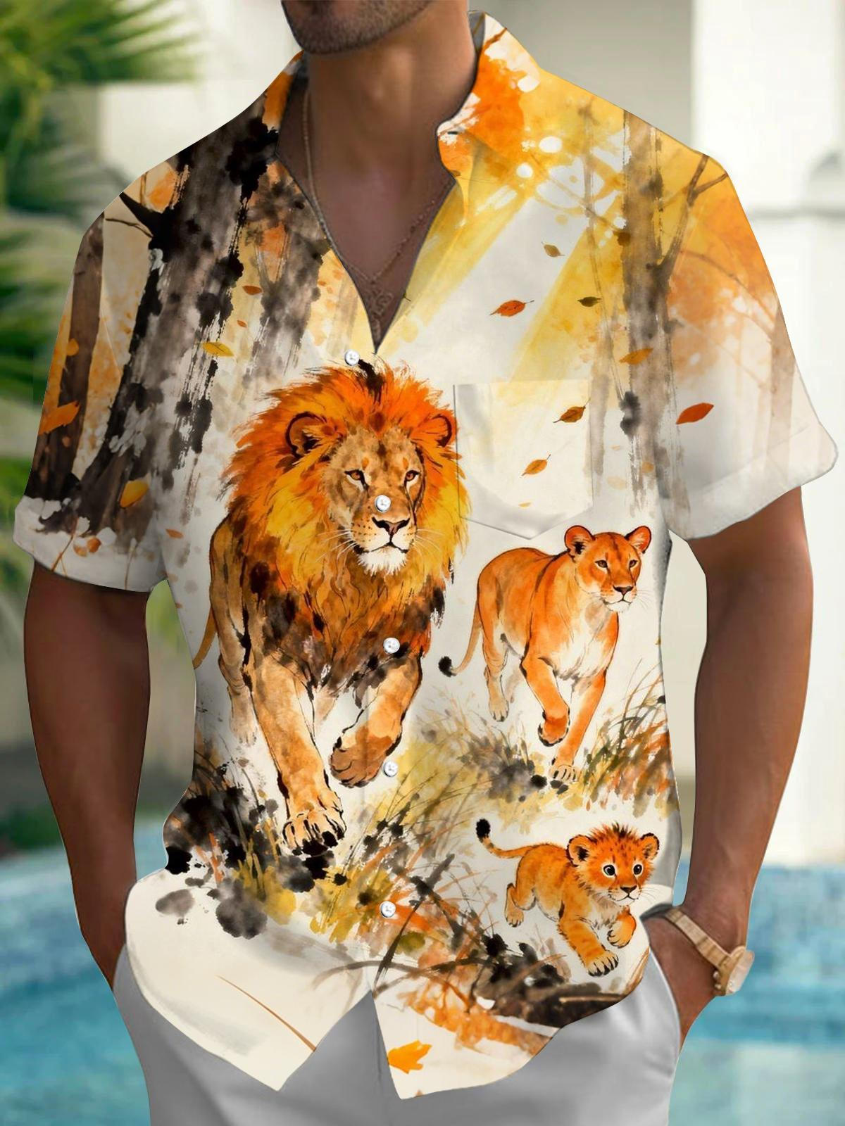 Lion Print Men's Pocket Short Sleeve Shirts