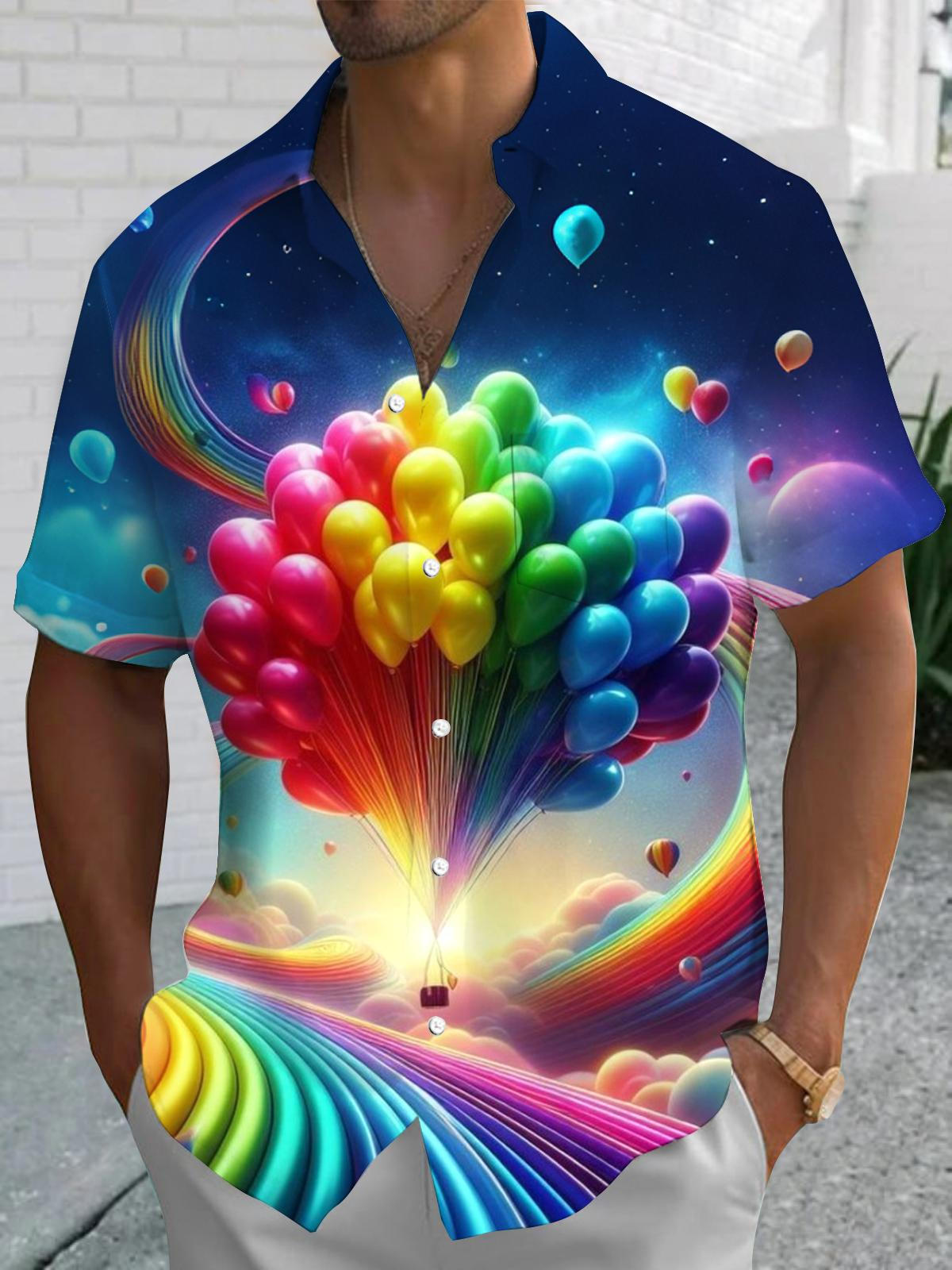 Colorful Balloon Print Men's Pocket Short Sleeve Shirts