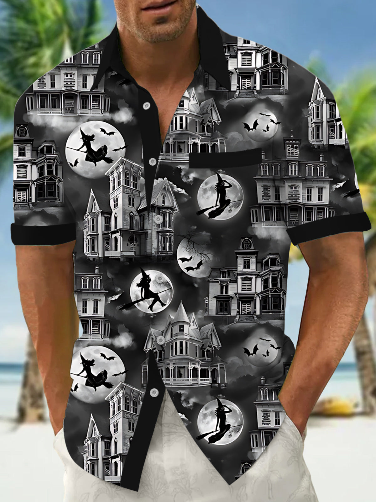 Halloween Witch Haunted House Print Men's Pocket Short Sleeve Shirts