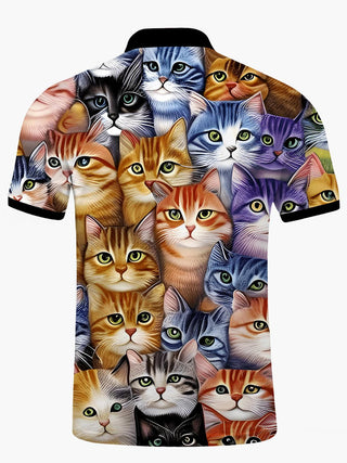 Men's cat print short sleeve polo shirt back view