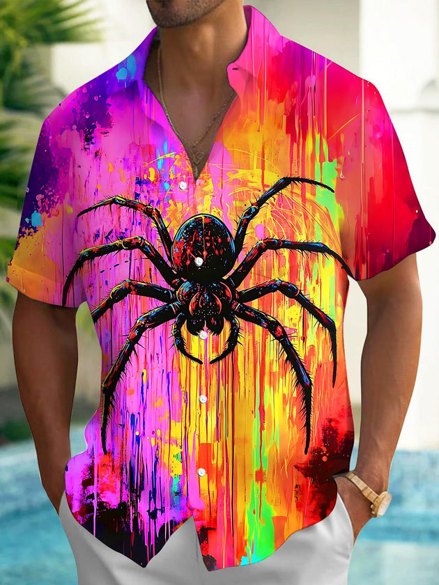 Neon Colorful Tie Dye Spider Men's Pocket Short Sleeve Shirts