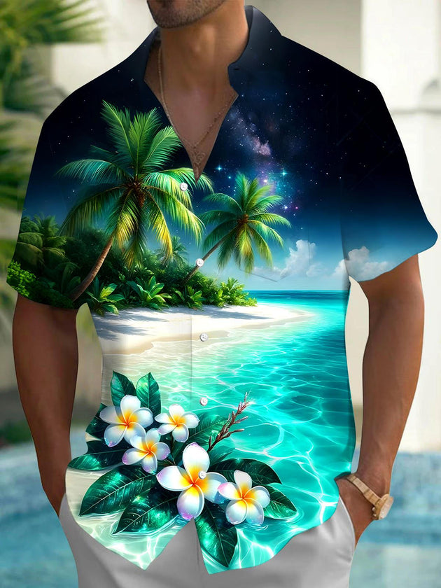 Men's Hawaiian floral short sleeve shirt front view for beach vacation