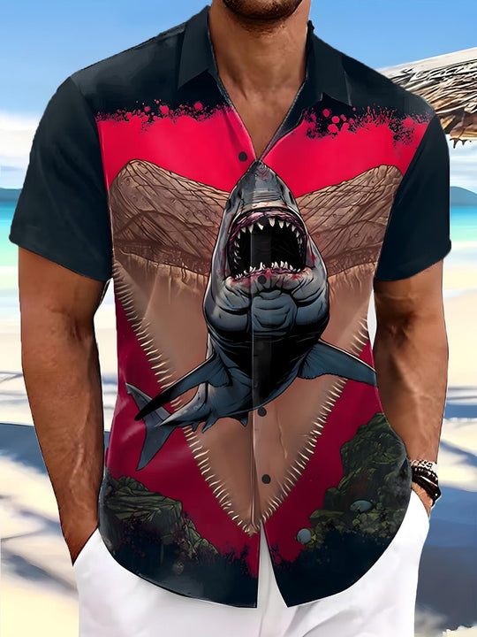 Men's animal shark print short sleeve shirt front view