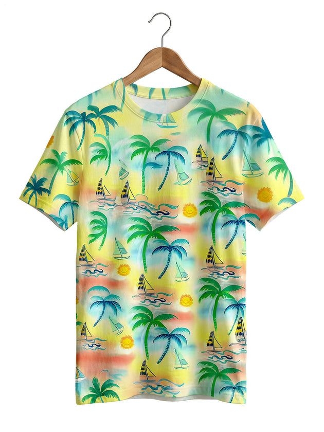 Men's Hawaiian coconut tree graphic short sleeve t-shirt front view for tropical beach vacation