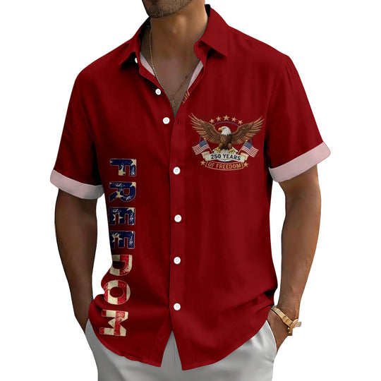 Men's red Hawaiian American flag print short sleeve button up shirt full view at Independence Day beach party