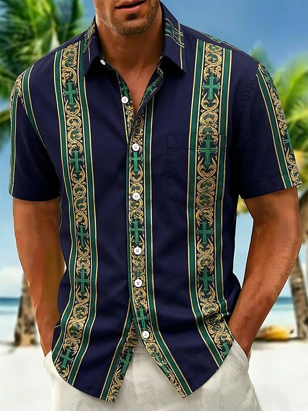 Retro Baroque Cross Religious Stripes Men's Pocket Short Sleeve Shirts