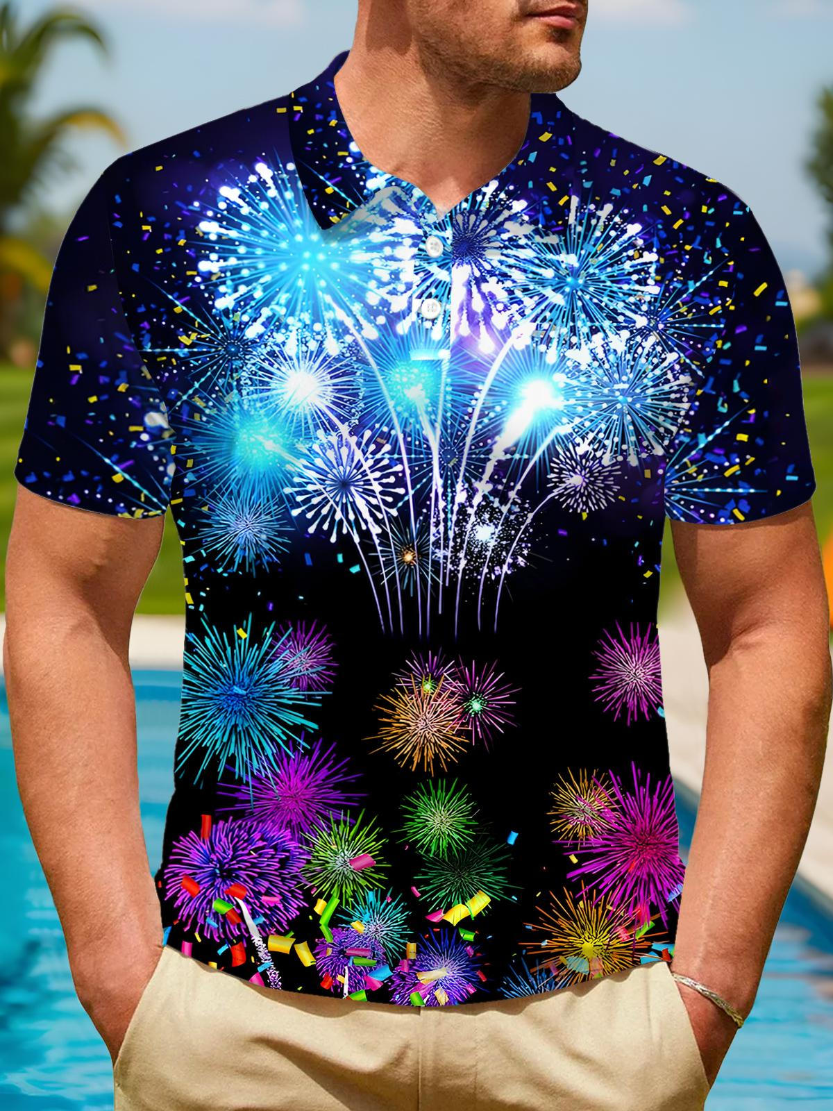 Fireworks Men's Short Sleeve Button Polo Shirt
