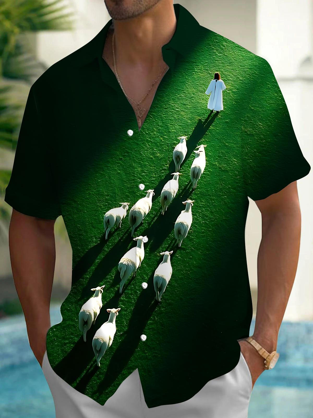 Shepherd Sheep Print Men's Pocket Short Sleeve Shirts