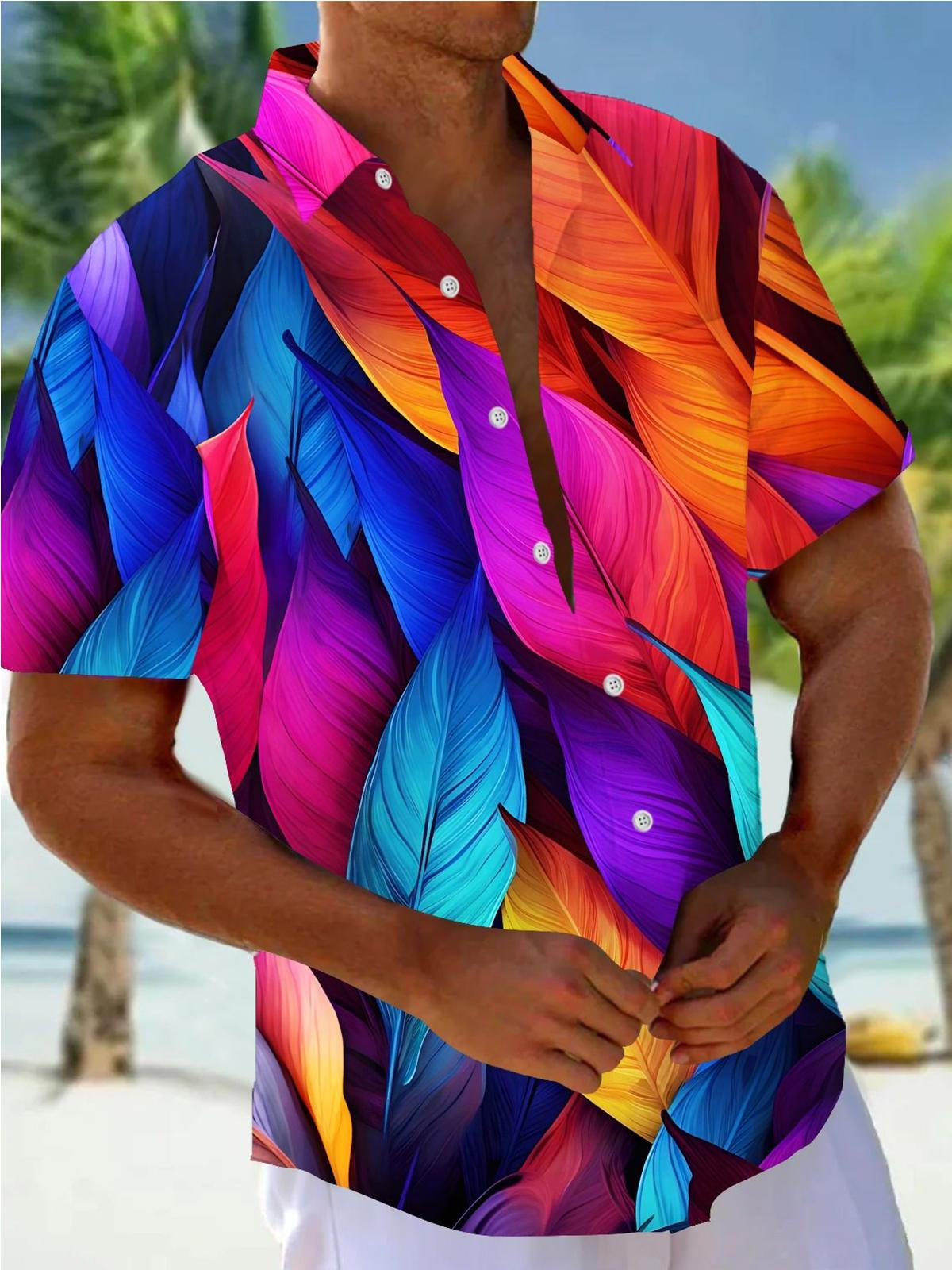 Hawaiian Leaf Print Men's Pocket Short Sleeve Shirts