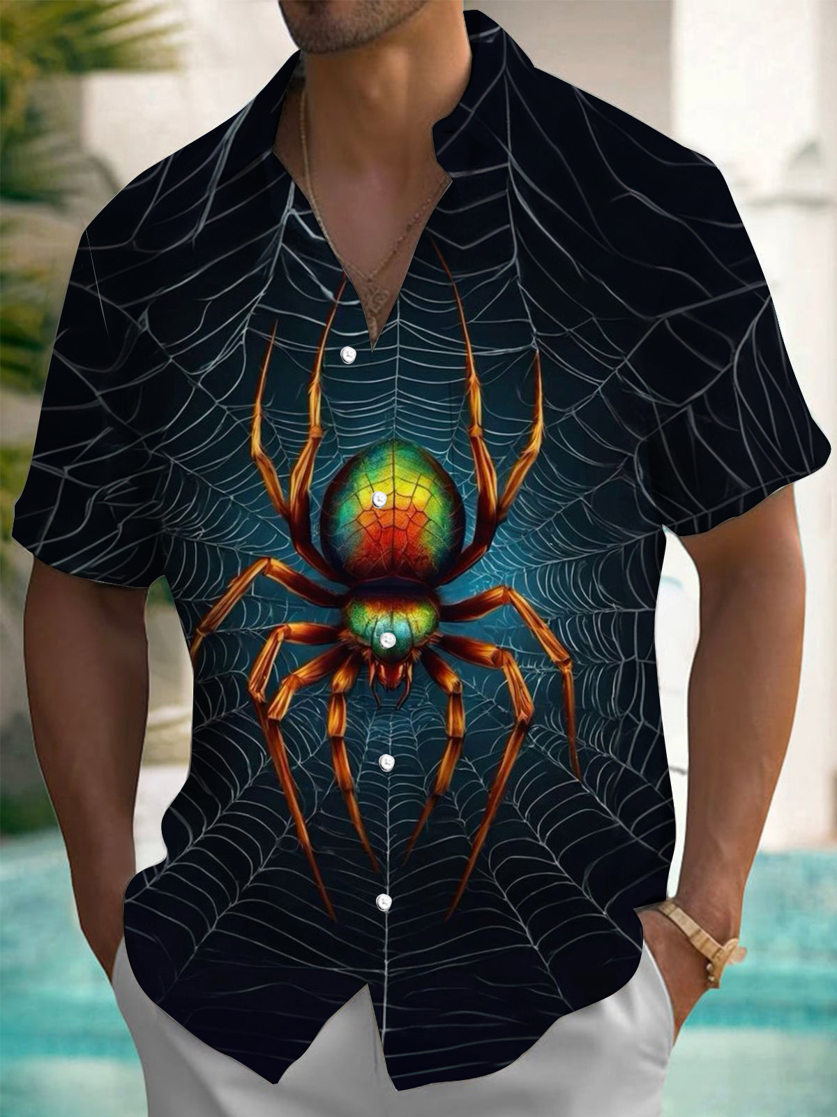 Spider Print Men's Pocket Short Sleeve Shirts