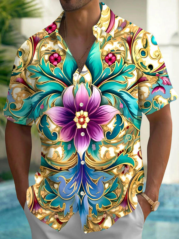 Men's floral short sleeve Hawaiian shirt front view for tropical beach vacation