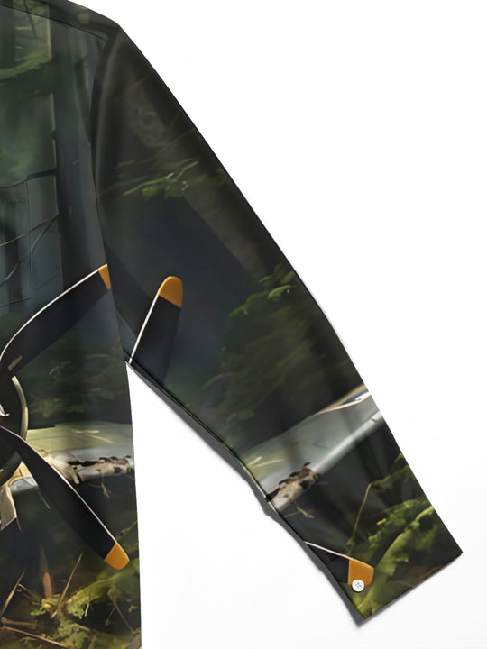 Men's Aircraft Wreckage Print Long Sleeve Shirt Close-Up Detail