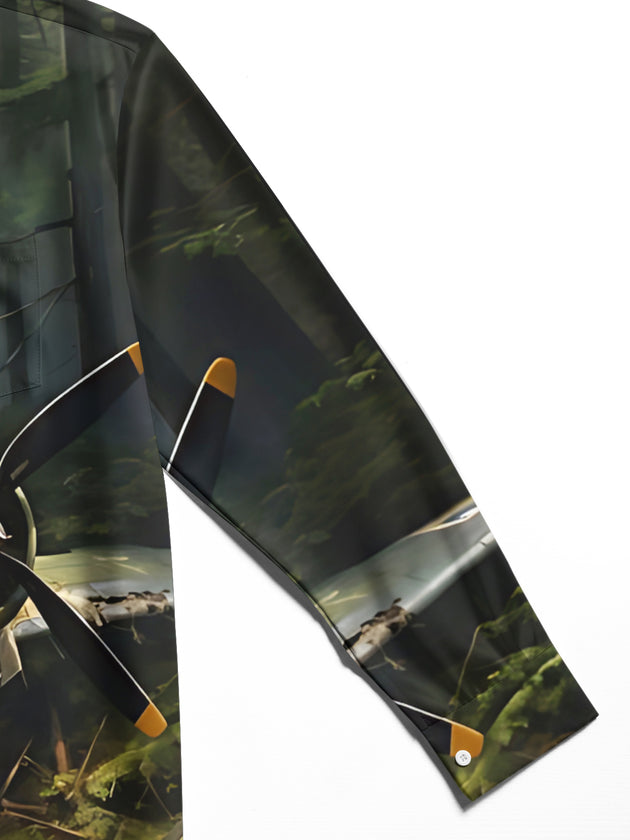Men's Aircraft Wreckage Print Long Sleeve Shirt Close-Up Detail