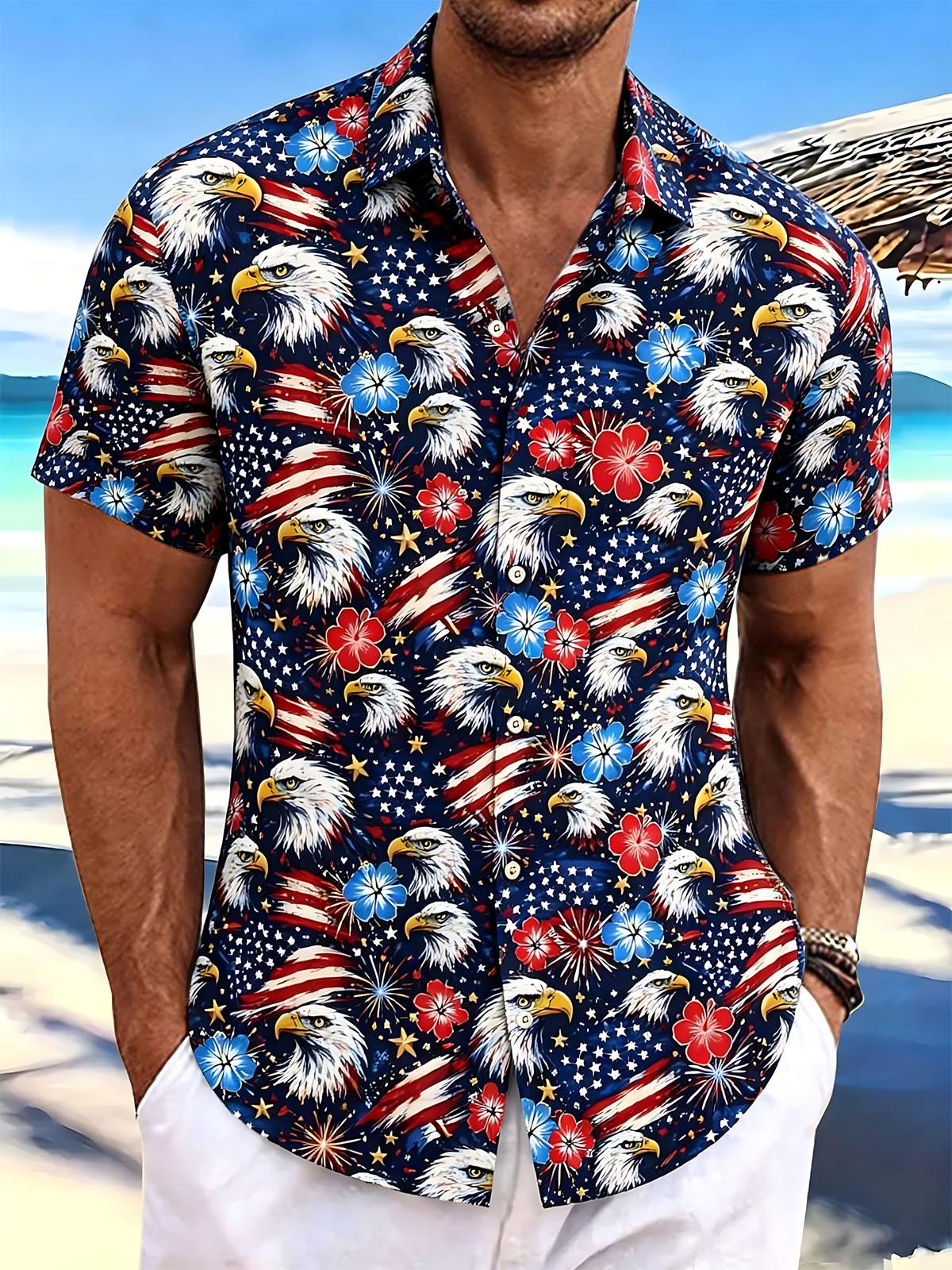 Independence Day American Flag Eagle Flower Print Men's Pocket Short Sleeve Shirts