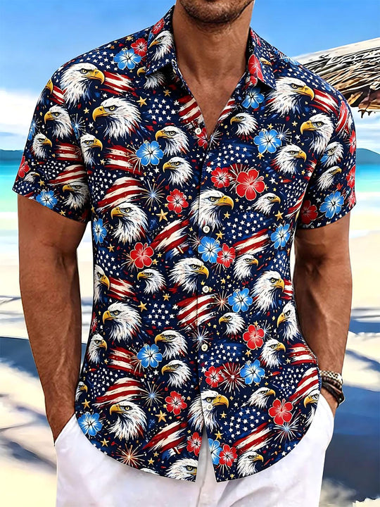 Independence Day American Flag Eagle Flower Print Men's Pocket Short Sleeve Shirts