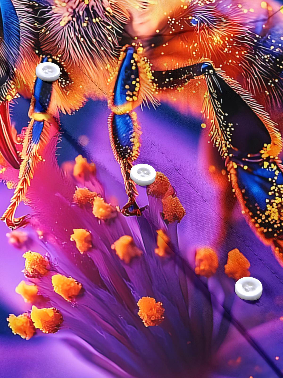 Bee Flower Print Men's Pocket Short Sleeve Shirts