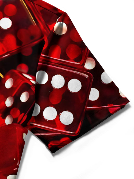 Men's short sleeve shirt with dice pattern, close-up detail view
