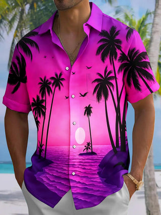 Hawaiian Coconut Tree Sunset Men's Pocket Short Sleeve Shirts