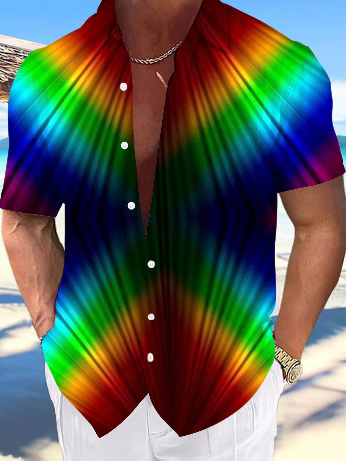 Rainbow Gradient Print Men's Pocket Short Sleeve Shirts