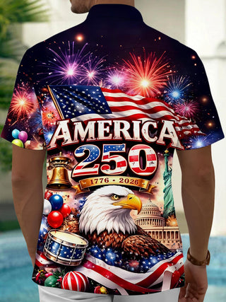 Men's red American flag print short sleeve shirt back view