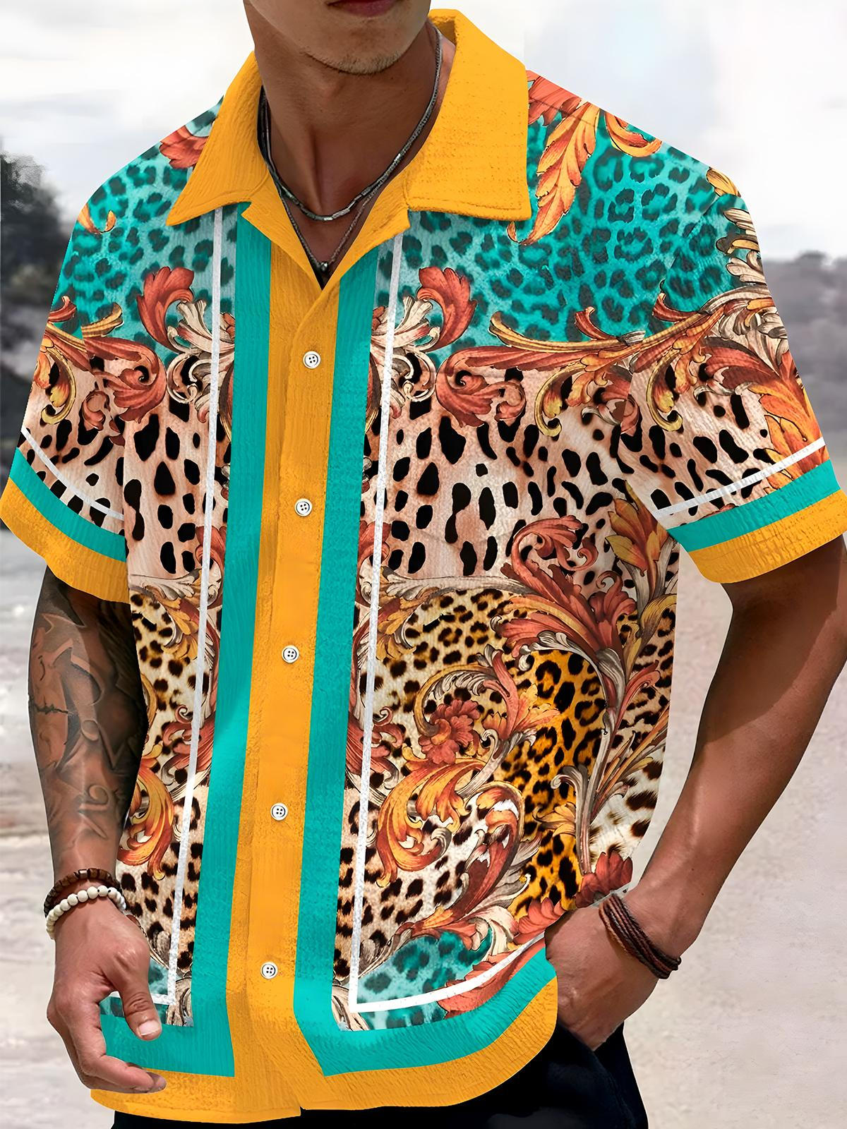 Floral Leopard Men's Pocket Short Sleeve Shirts