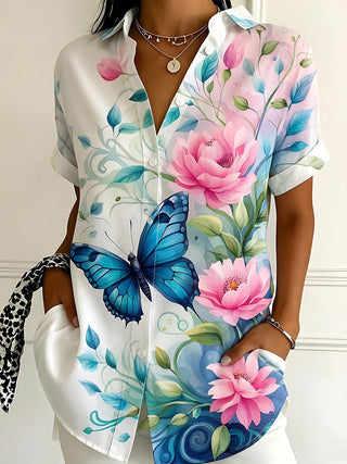 Blue Butterfly Watercolor Floral Women's Short Sleeve Shirts
