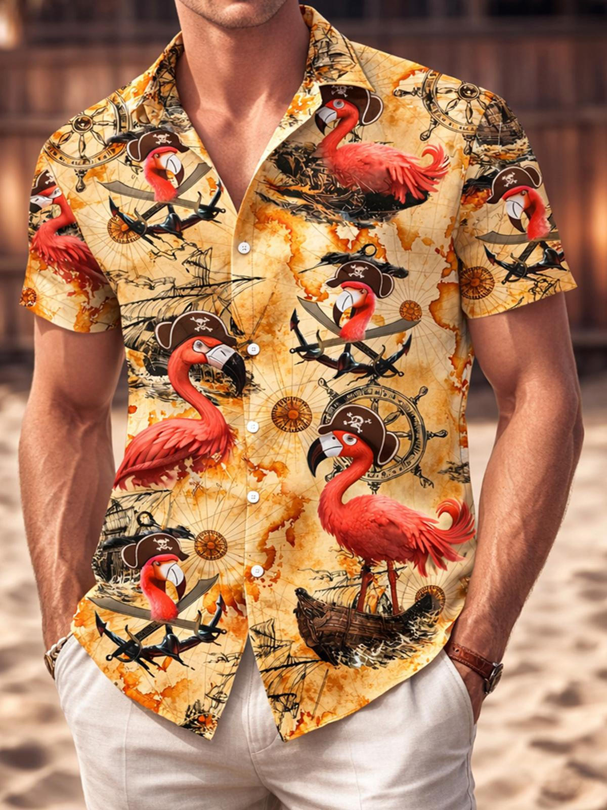 Pirate Flamingo Print Men's Pocket Short Sleeve Shirts