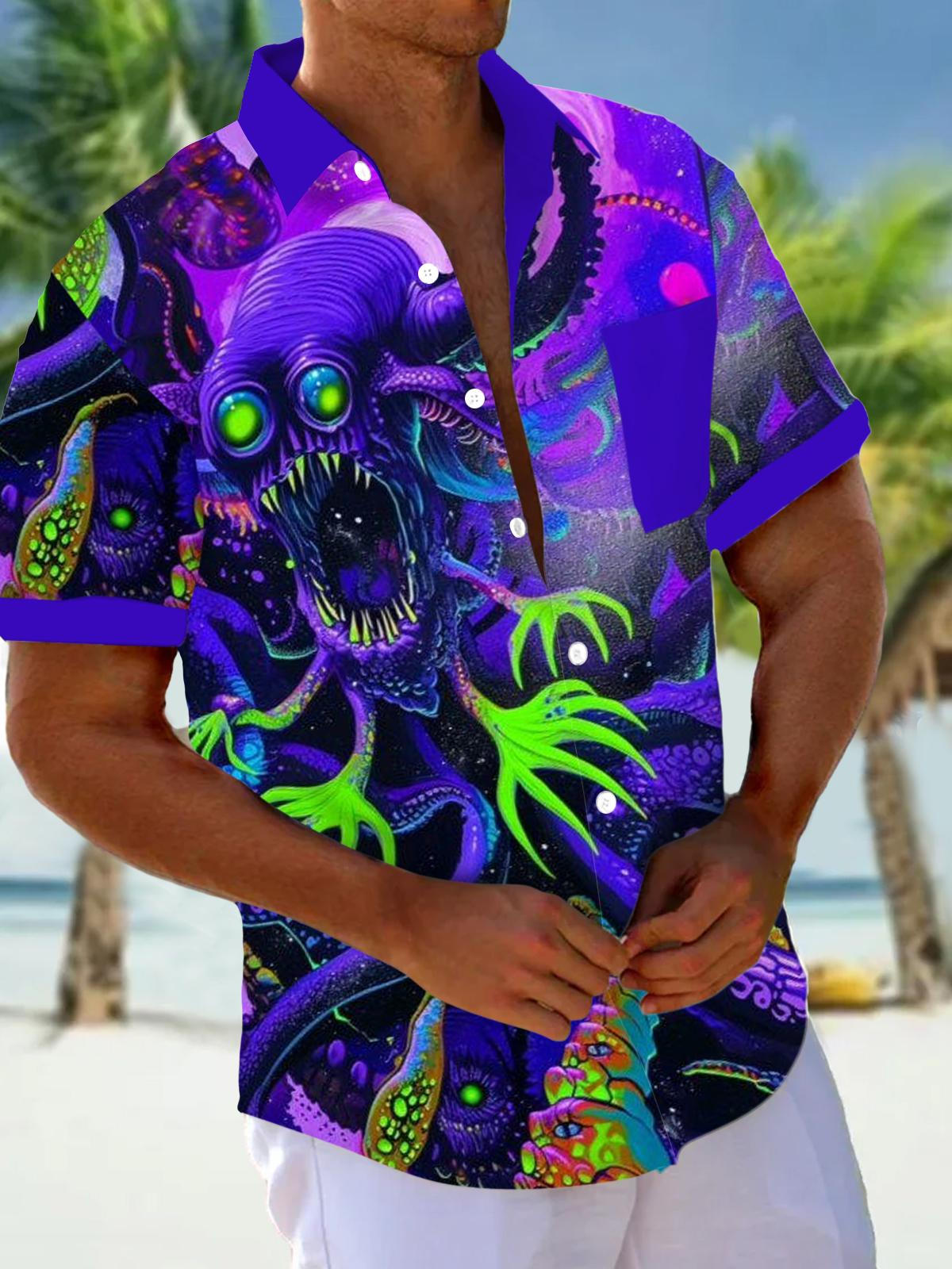 Abstract Monster Print Men's Pocket Short Sleeve Shirts