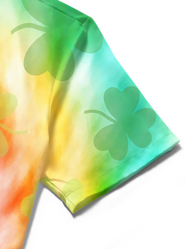 St. Patrick's Day Gnome Clover Tie Dye Print Men's Pocket Short Sleeve Shirts