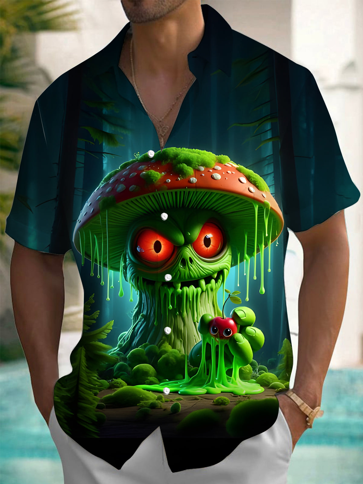 Mushroom Print Men's Pocket Short Sleeve Shirts