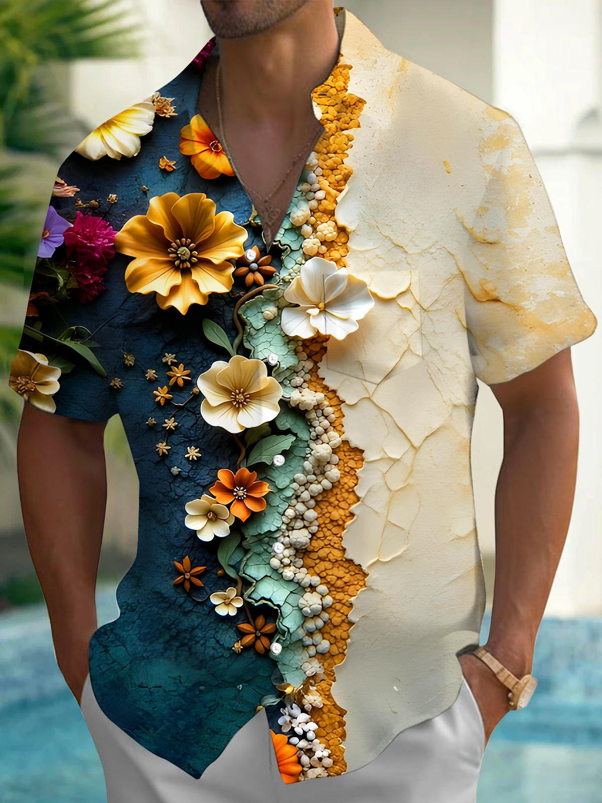 Cracked Floral Men's Pocket Short Sleeve Shirts