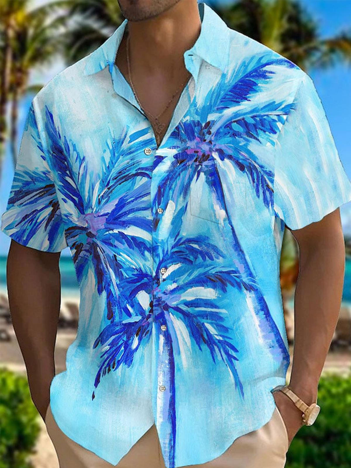 Hawaiian Palm Tree Print Short Sleeve Men's Shirts With Pocket